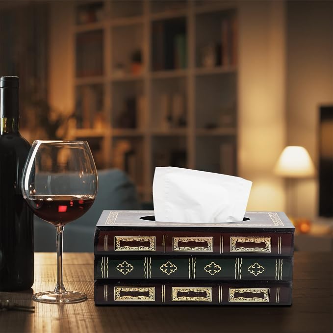 Crafted Classical Retro Wooden Antique Book Tissue Box Cover Rectangular Tissue Holder Dispenser Paper Cover Case Napkin Holder Home Decor for Bathroom Living Room Office car Kitchen (Red) - Image 4