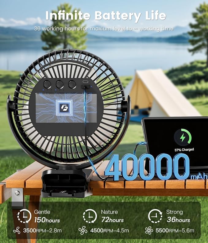 40000mAh Clip on Fan for Golf Cart, Up to 127Hrs Portable Rechargeable Fans | 8-inch Desk Fan with 3 Speeds, 9 LEDs, Remote, Timers, Hook, Battery Operated Fan for Office, Desk, Camping, Treadmill, Tent - Image 3