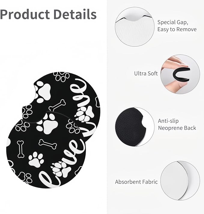 Paw Print Steering Wheel Cover Universal 15 Inch +2 Pieces Car Coasters | Anti-Slip Breathable Car for Men/Women Dog Paw Print Steering Wheel Cover Dogs Prints - Image 6