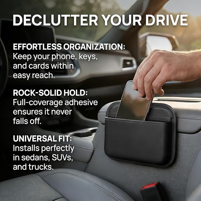 Car Seat Side Pocket Organizer, Self-Adhesive Leather Vehicle Seat Console Storage Pouch Box for Phones, Keys, Pens, Auto Interior Door Organizer Pocket Bag, Universal for Vehicles (Black) - Image 3