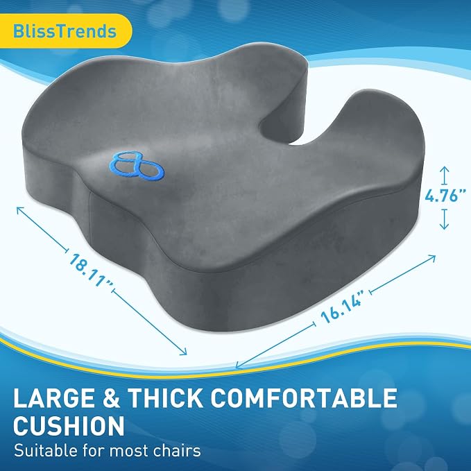 BlissTrends Memory Foam Seat Cushion for Office Chair & Car Seat, LightGrey | Ergonomic Tailbone & Sciatica Support with Removable Velvet Cover for Pressure Relief and Long Sitting Comfort, 3.3" Thick - Image 2