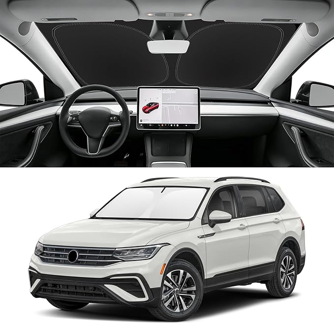 Custom Fit Windshield Sun Shade for VW Tiguan 2018-2025 | Blocks UV Rays and Sun Heat, Helps Reduce Interior Temperature, Protects Dashboard from Fading, Folds Easily for Storage by SLOGENTO