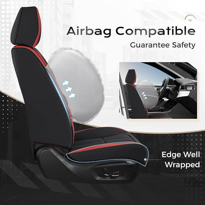 Coverado Car Seat Cover, Cover for Cars Front Seat, Premium Leather, Universal Fit Waterproof Seat Protectors, Car Seat Cushion Non-Slip for Most Cars-Black Red - Image 3