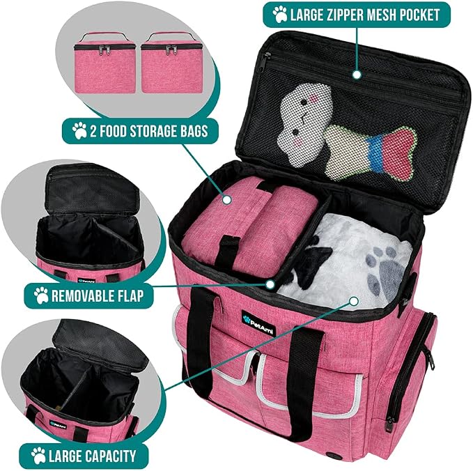 PetAmi Dog Travel Bag Pet Supplies Accessories Organizer for Traveling, Camping, Weekend; Cat Pet Travel Bag Kit Includes 2 Food Storage Containers, 2 Collapsible Bowls, 1 Feeding Mat (Pink) - Image 5
