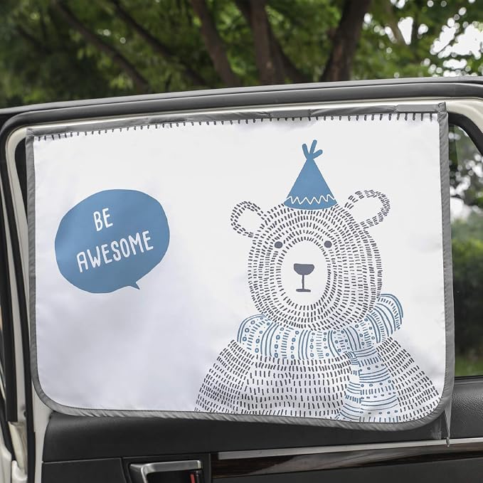 Magnetic Car Sun Shade Curtain for Side Window – Sun Blocker and UV Protector for Baby, Kids, and Pets – Universal Fit with Built-in Magnets for Steel-Framed Door (Be-Awesome Bear) by Unknown