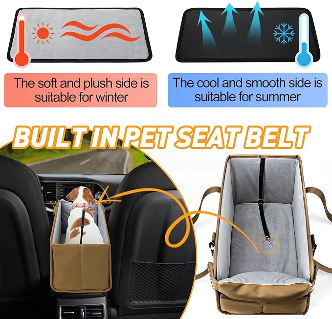 Portable Dog Car Seat for Small Dogs, Puppy Car Seat, Khaki | Booster Seat With Safety Leash & Adjustable Straps Keeps Small Dogs Secure. Removable Washable Cushion. Fits Most Cars. - Image 6