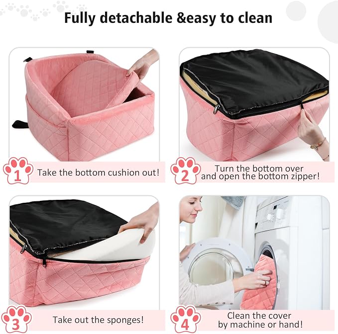 NEEZUKAR Dog Car Seat for Small Medium Dogs,Detachable Washable Dog Booster Seat Under 30lbs, Pet Car Seats Travel Bed with Storage Pockets and Safety Belt(Pink) - Image 5