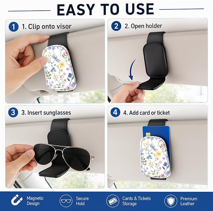 Leather Magnetic Sunglass Holder for Car Sun Visor, Cute Eyeglass Ticket Card Hanger Clip, Universal Auto Interior Accessories for SUV Pickup Truck, Dragonfly Floral - Image 5