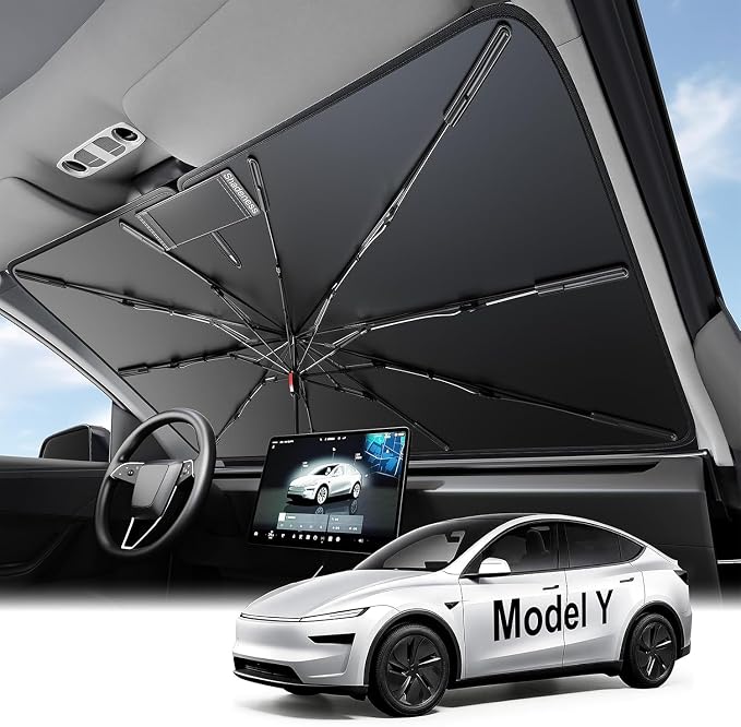 2026 Upgraded Windshield Sun Shade Umbrella for Tesla Model Y [Precision Custom Fit, Superior UV & Heat Block] Cooling Tech Fabric, Durable Foldable with Storage Bag, Fits 2020-2026 by Unknown