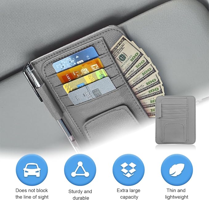 Augeny Car Sun Visor Organizer, Small Auto Visor Organizer and Storage, Registration and Document Holder, Vehicle Accessories for Sunglasses, Document, Card, Pen, Driver License (Gray) - Image 4