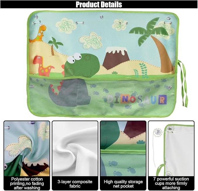 GLSOWEE Car Window Shade for Baby, Blackout Car Window Curtain, Dinosaurs | Storage Pockets & 7 Suction Cups, Cartoon Pattern Car Side Window Sun Shade Cover for Sun/Heat/UV Rays Protection, Green - Image 4