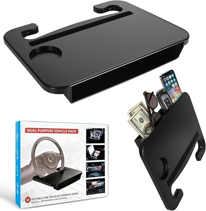 2-in-1 Steering Wheel Tray & Seat Gap Organizer | Portable Steering Wheel Desk with Cup Holder & Pad Slot, Car Food Desk for Laptop, Working, Eating, Multipurpose Accessories by Cxprctpu