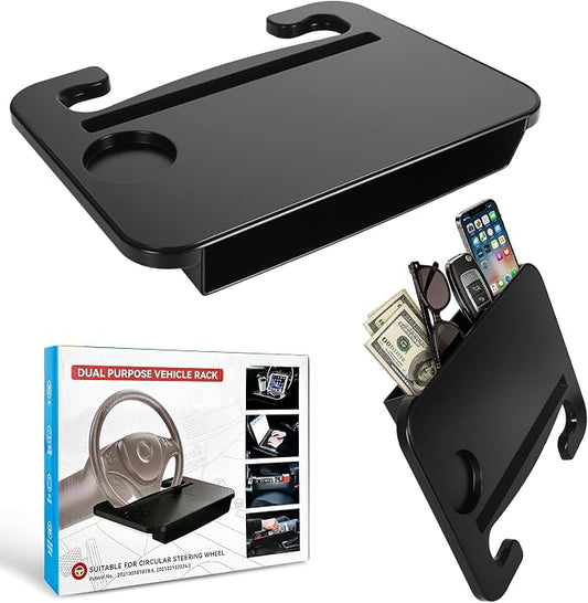 2-in-1 Steering Wheel Tray & Seat Gap Organizer | Portable Steering Wheel Desk with Cup Holder & Pad Slot, Car Food Desk for Laptop, Working, Eating, Multipurpose Accessories by Cxprctpu