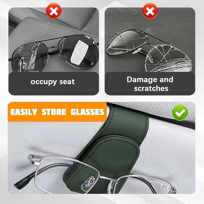 Sunglasses Holder for Car Visor, Microfiber Leather Magnetic Sun Visor Eyeglasses Hanger & Ticket Card Clip, Multi-Function Automotive Interior Glasses Mount, Universal Fit (Black Green) - Image 5