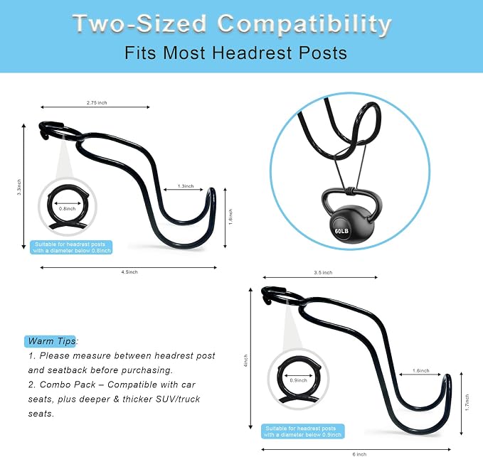 4 Pack Purse Hooks for Car SUV Truck Seat Front Back Organizer - 2*S + 2*L | Metal Hanger Headrest Holder for Handbag, Bag, Hardhat, Grocery Road Trip Must Haves Car Gadgets Accessories for Women - Image 2