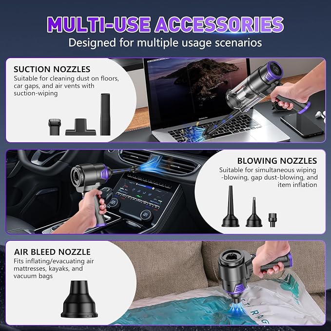 KMM Handheld Car Vacuum Cleaner, 16000PA Hand Held Vacuum & Air Duster | Strong Suction, Portable, Cordless, 120W High Power Rechargeable, Multi-Nozzles & LED Liht, for Home, Car, Office - Image 6