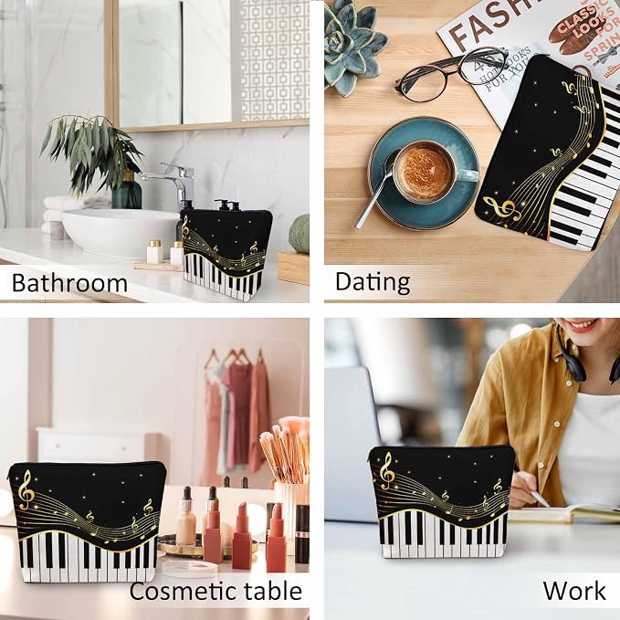Women Makeup Organizer Bag Piano Music Notes Instrument Piano Flax Cosmetic Bag Makeup Bags Toiletry Bag Accessories Organizer Travel Bags For Home Bathroom Office Hotel Gym Black Golden - Image 6