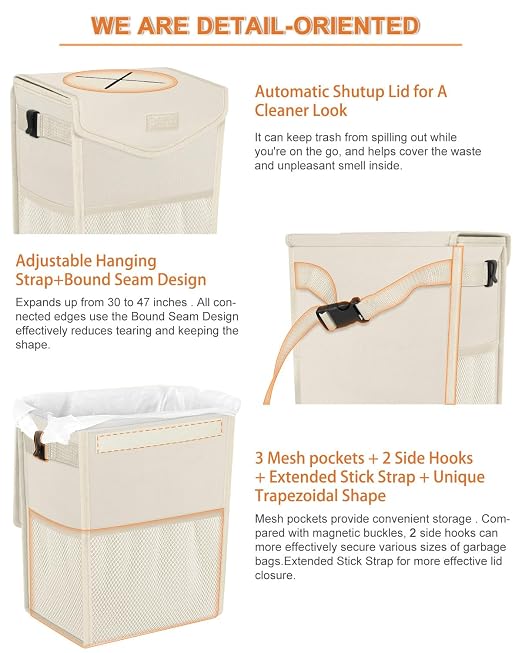 Pritent Car Trash Can with Lid Leakproof Car Garbage Bag Vehicle Trash Bin | Hanging Automotive Garbage Can,Multipurpose Car Accessories for Women Men Interior Car Storage Organizer(2 Gal,Ivory) - Image 4
