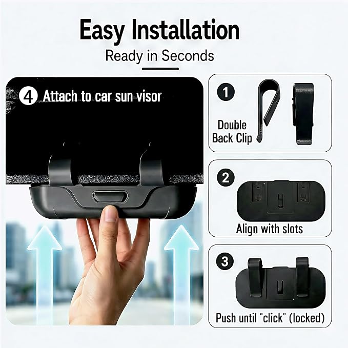 Car Sun Visor Sunglasses Holder,Black ABS Eyeglasses Case | Card Storage,Soft Flocked Interior,Anti-Rattle Triangle Slot,Double Clips,Push Button Access,Scratch Protection,Universal Fit - Image 4