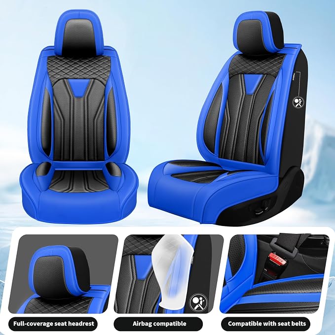 Fit Altima Car Seat Covers for Nissan Altima 2010-2025 2026- Full Set Premium Leather, Waterproof&Breathable, All-Weather Seat Cushion Protecto & Airbag Compatible, 2 Front Seat Blue & Black - Image 2