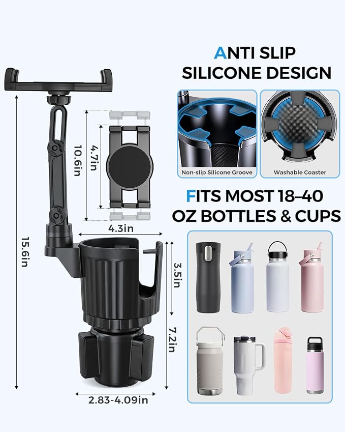 Porfortop 2-in-1 Cup Holder Tablet Mount Expander, 2-Section Foldable 15" Height Adjustable Arm & 360° Rotation, Universal Fit for iPad, iPhone, All Smartphones and Most Bottles for Car SUV Truck - Image 4
