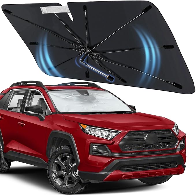 Windshield Sun Shade for Toyota RAV4 2019-2026, Foldable Umbrella Sunshade | Custom Fit Front Window Shade with 360° Rotating Shaft for UV & Heat Protection, Easy Storage Car Sun Shield by Visufy