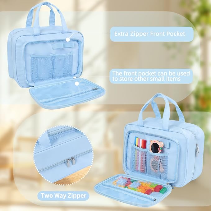 Travel Organizer, Portable Storage Bag for Toys, Snacks, & Activities, Travel Waterproof Organizer Bags with Hook & Carry Handle, Multi-Compartment (Blue) - Image 6