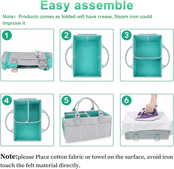 XUANGUO Large Baby Diaper Caddy Organizer, Felt Basket with Handles, Green | Nursery storage bin with dividers; portable tote bag for baby stuff, changing table or car, baby shower and registry gifts. - Image 6