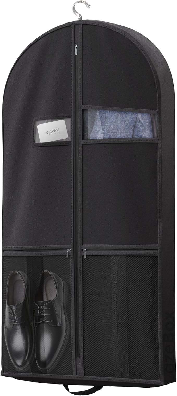 Lazebox 43" Travel Garment Bag with Accessories Zipper Pocket, Heavy Duty Suit Bag for Suits, Tuxedos, Dresses, Coats, Black, 1 pack by Lazebox