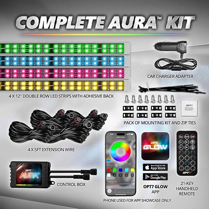 OPT7 Aura Pro Double Glow Interior Sports Car Lights with App & Remote | Ultra Bright Ambient Glow, Multicolor Double LED Strips, Car Meet Decor, 12V JDM Accessories, Music Sync Lighting, 4PC Kit - Image 6