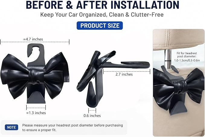 2 Pack Car Purse Hooks, Headrest Hooks for Cars, black | Car Bag Hanger for Groceries, Coats, Umbrellas and Daily Essentials, Bow-Shaped Car Interior Organizer for Handbags and Bags - Image 4