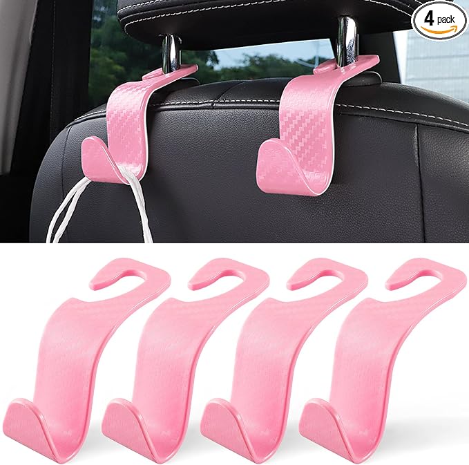 LivTee Car Purse Hook, Headrest Hook for Car, 4 Pack Universal Auto Car Seat Headrest Hook Hangers Organizer for Purse Coat Umbrellas Grocery Bags Handbag, Car Accessories - Carbon Fiber Pink by LivTee