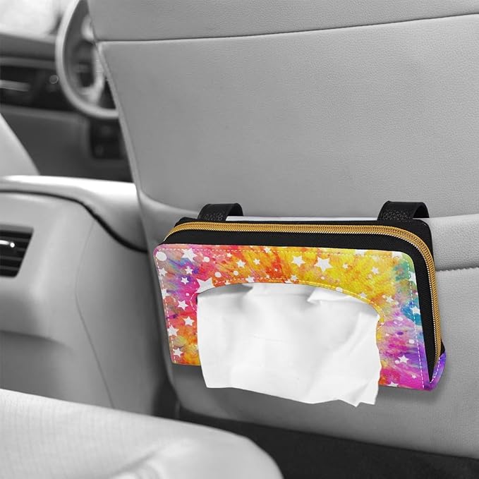 Biyejit 2 Pack Car Tissue Holder, Tie Dye Stars Premium Sun Visor Napkin Case, Hanging Car Accessories Used to Organize Paper Towels and Storage Small Items - Image 4