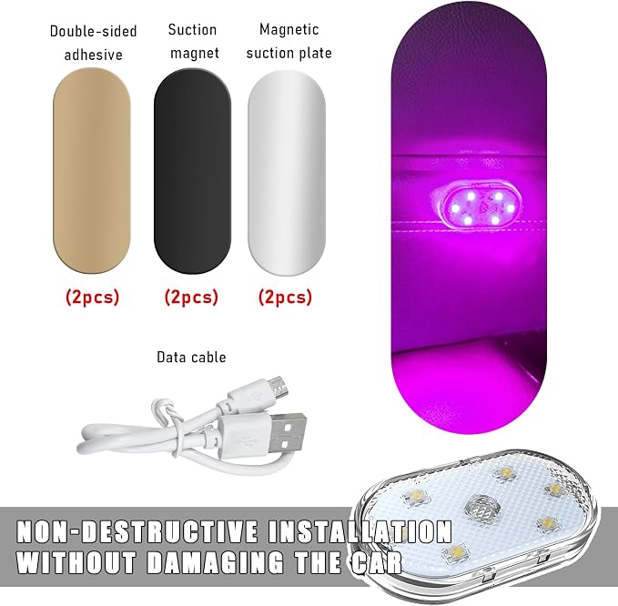 KVAEY 4 PCS Car LED Lights Interior Wireless, 7 Colors Magnetic Auto Ambient Light with 6 Bright LED Lamp Beads, Portable USB Rechargeable Vehicle Interior Led Night Light (Pink, Magnetic, 2pcs) - Image 3