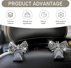 2 PCS Bling Car Seat Headrest Hooks, S Type Crystal Rhinestone Bow Vehicle Seat Back Storage Hooks for Purses Bags Groceries, Universal Diamond Car Rear Seat Organizer (Black) - Image 3