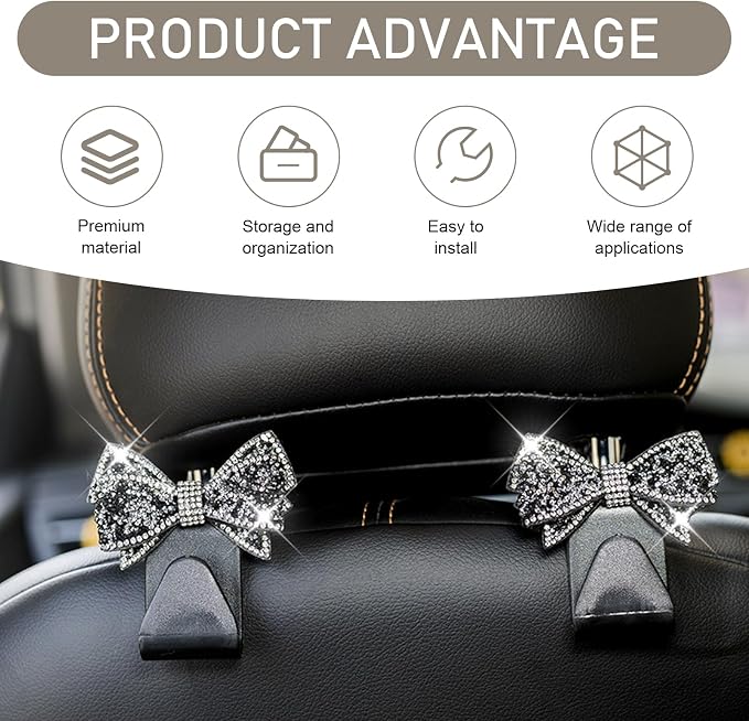 2 PCS Bling Car Seat Headrest Hooks, S Type Crystal Rhinestone Bow Vehicle Seat Back Storage Hooks for Purses Bags Groceries, Universal Diamond Car Rear Seat Organizer (Black) - Image 3