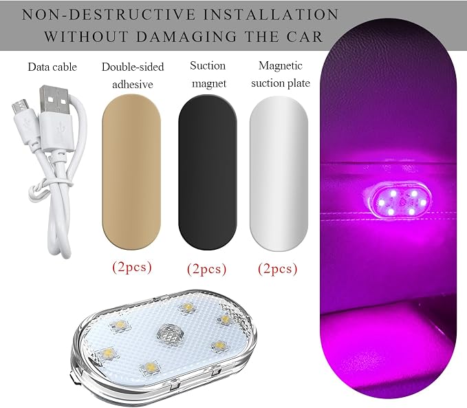 Wevdn 2 PCS Car LED Lights Interior Wireless, Magnetic Car Ambient Lighting with 6 Bright LED Lamp Beads, Portable USB Rechargeable Vehicle Interior Led Night Light for Car (Pink) - Image 3