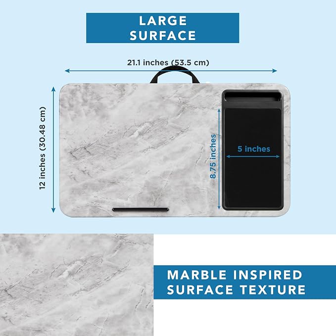 LAPGEAR Home Office Lap Desk – White Marble, Fits 15.6” Laptops | Built-In Mouse Pad & Phone Slot, Integrated Device Ledge, Dual-Bolster Microbead Cushion, Carry Handle - Image 5