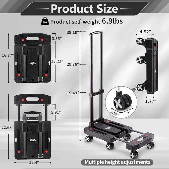 GtIiFmTe Foldable Hand Truck, Lightweight Luggage Cart for Airport Car Seat | Compact Folding dolly with Rotating swivel wheel,storage size12×15.7×4.1",300lbs Load,Upright Lock Handle with 3bungee cords - Image 2