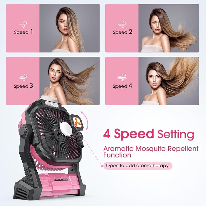 Portable Fan Rechargeable 20000mAh Cordless Battery Powered Camping Fan | with LED Lantern, Small Table Fan, USB Battery Operated Fans for Travel Bedroom Home Camping Tent Office Beach Desk Pink - Image 3