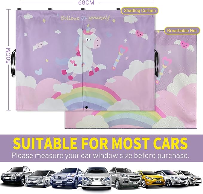 Car Window Shades, 2 PCS Magnetic Double Layer Car Sun Shade for Side Windows Privacy Full Covers/Half Shade Options Unicorn Patterns Car Window Curtains for Baby Protection - Image 5