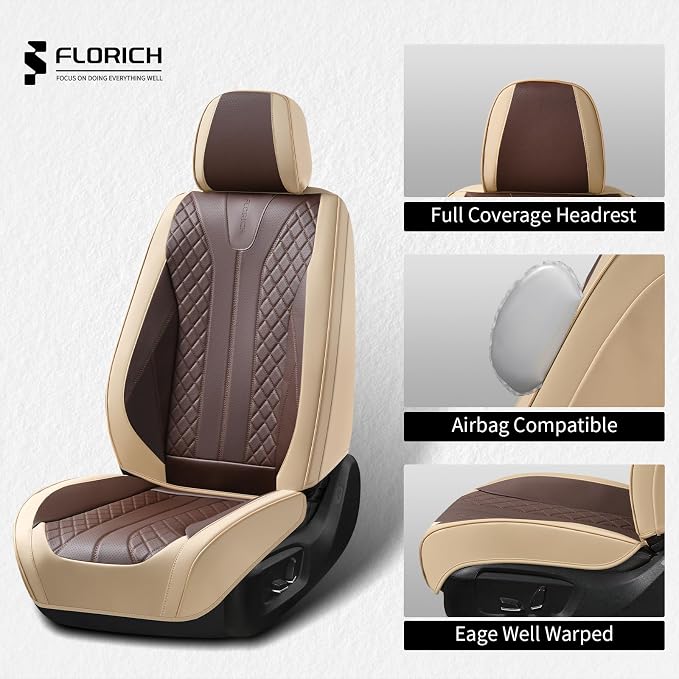 FLORICH Front Seat Covers 2 Pieces Universal Seat Cover for Cars Breathable Leather Waterproof Car Seat Cover Driver Seat Cover Automotive Car Seat Cushion Fit for Most Cars SUV Trucks, Beige&Coffee - Image 3