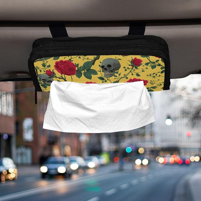 Car Tissue Holder Car Napkin Holder Tissue Box Dispenser Storage Case Sun Visor Mask Holder Accessories with Adjustable Straps Reusable Refillable Yellow Gothic Rose and Skull - Image 6