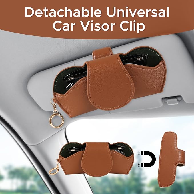 KINIVA Sunglasses Holder for Car Visor with Hanging Hook Portable Leather Glasses Storage Bag with Detachable Clips - Image 2