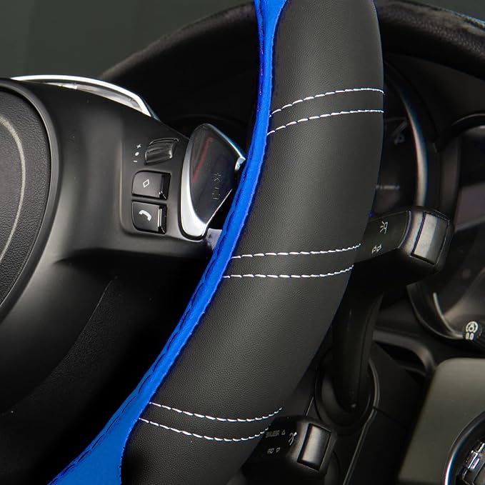 CAR PASS Line Rider Microfiber 14 Inch Leather Sporty Steering Wheel Cover Universal Fits for Truck,SUV,Cars, Anti-Slip Safety Comfortable Desgin (Black-Blue) - Image 6