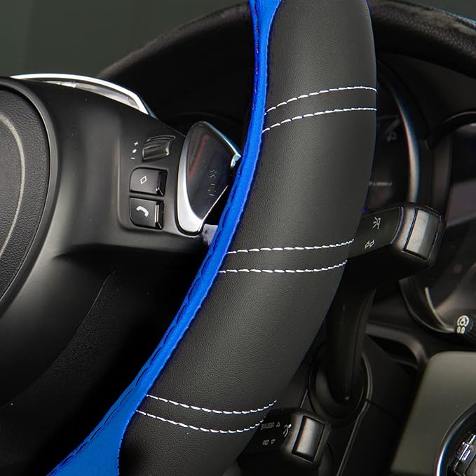 CAR PASS Line Rider Microfiber 15.5-16 Inch Leather Sporty Steering Wheel Cover Universal Fits for Truck SUV Cars Pick up, Anti-Slip Safety Comfortable Design (Black and Blue) - Image 6