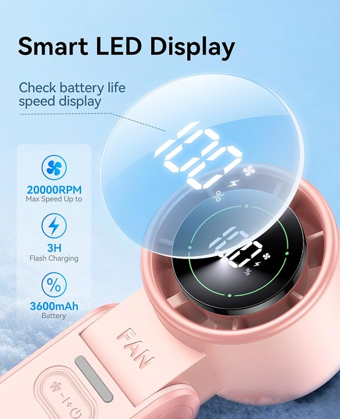 KIMMOO 3-in-1 Portable Handheld Turbo Fan-100 Speeds,Powerful 20000 RPM, 12Hrs Cooling, LED Display, 120° Rotation, USB Rechargeable Mini Hand Held Personal Fan for Travel Makeup Outdoor Indoor, Pink - Image 6