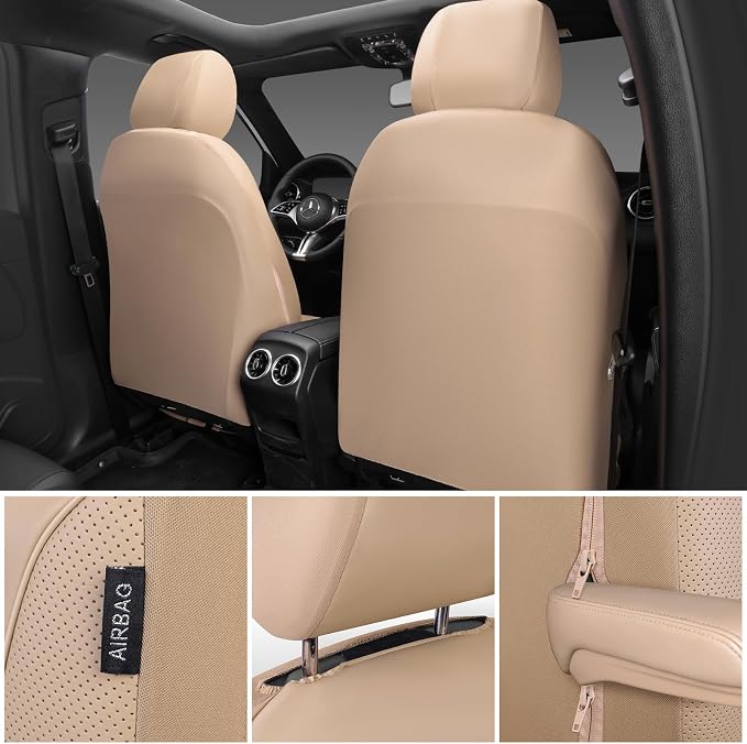 CAR PASS 3D Foam PU Leather Car Seat Covers, Universal Seat Covers Full Sets for Trucks SUV Sedan Automotive Seat Covers Armrest Airbag Compatible Waterproof Comfortable Faux Nappa Leather All Beige - Image 3
