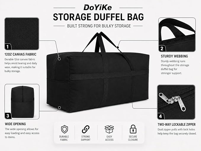 DoYiKe Large Canvas Storage Duffle Bag, Duffel Bag for Travel Black 80L - Image 4