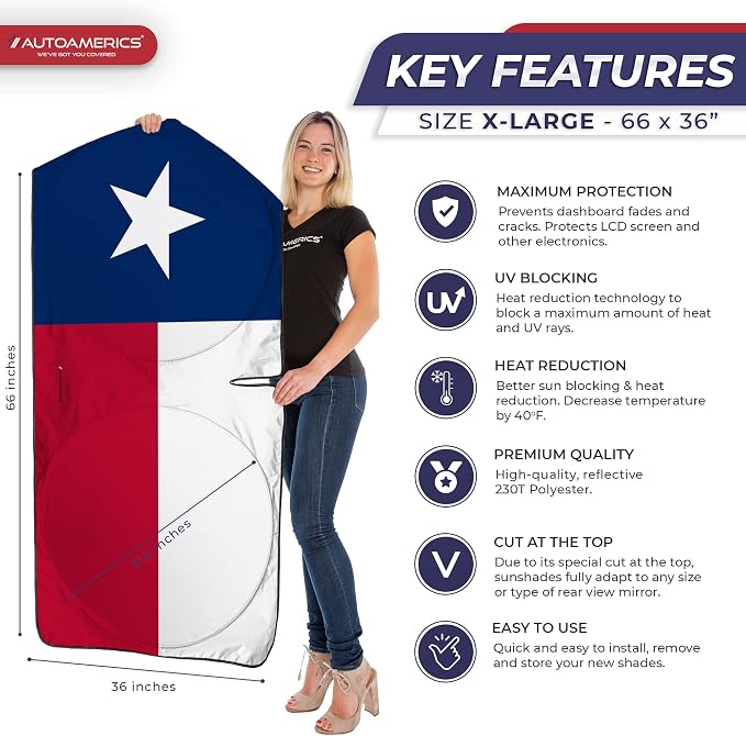 Autoamerics Truck Windshield Sun Shade with Storage Pouch & Anti-Slip Dash Pad - Foldable USA Texas Flag Design - Fits Most SUVs & Truck - Blocks UV Rays and Keeps Vehicle Cool | X-Large (66x 36 in) - Image 2